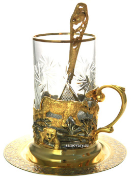Чайный набор с подстаканником "Лев" Златоуст позолоченный
