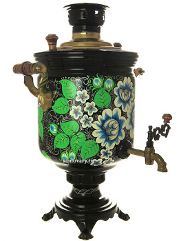 Угольный самовар 7 литров цилиндр с росписью "Голубые цветы на черном фоне" арт. 270789