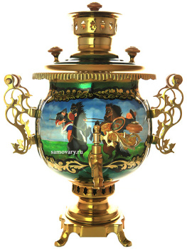 Комбинированный самовар 4,5 литра с художественной росписью "Куликовская битва" в наборе с подносом и чайником, арт. 300019