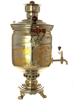 Угольный самовар на дровах 7 литров никелированный "цилиндр" с гравюрой "Медведь", арт. 270794