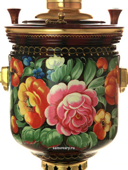 Угольный самовар  5 литров с ручной росписью "Цветы на красном" арт. 270793