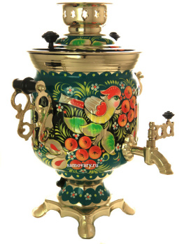 Набор самовар электрический 3 литра с росписью "Птица в рябине на зеленом", арт. 159689