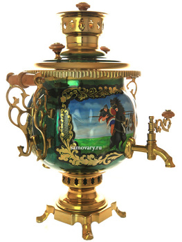 Комбинированный самовар 4,5 литра с художественной росписью "Куликовская битва" в наборе с подносом и чайником, арт. 300019