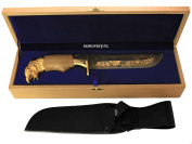 Сувенирный нож Златоуст "Вавилон" дамаск +кожаные ножны