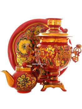 Набор самовар электрический 3 литра с художественной росписью "Золотые узоры на красном фоне", "овал", арт. 155699