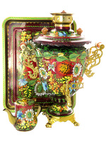 Комбинированный самовар 5 литров с художественной росписью "Солнышко" в наборе с подносом и чайником, арт. 300006