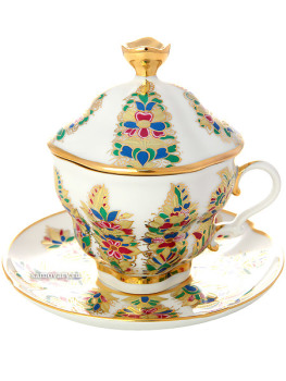 Чашка чайная с крышечкой и блюдцем форма "Подарочная-2", рисунок "Фантастические цветы", Императорский фарфоровый завод
