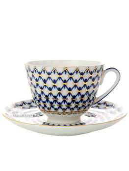 Чашка с блюдцем чайная форма "Весенняя", рисунок "Кобальтовая сетка", Императорский фарфоровый завод