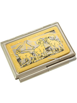 Позолоченная визитница в комплекте с ручкой с гравюрой "Горные бараны" Златоуст
