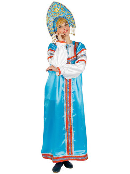 Русский народный костюм женский атласный комплект голубой "Василиса": сарафан и блузка, XS-L 