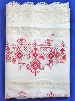 Льняное полотенце белое с вышивкой (Вологодское кружево), арт. 8нхп-841а