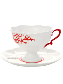 Чашка с блюдцем чайная форма "Наташа", рисунок "Коралл", Императорский фарфоровый завод