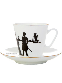 Кофейная чашка с блюдцем форма "Черный кофе", рисунок "Прогулка", серия "Силуэты", Императорский фарфоровый завод