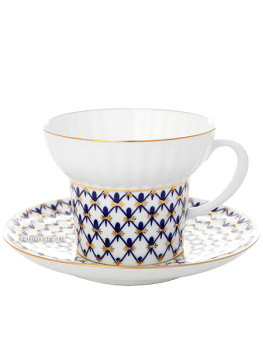 Фарфоровая чайная чашка с блюдцем форма "Волна", рисунок "Кобальтовая сетка", Императорский фарфоровый завод