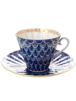 Чашка с блюдцем чайная форма "Лучистая", рисунок "Незабудка", Императорский фарфоровый завод