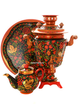 Набор самовар электрический 3 литра с художественной росписью "Хохлома рыжая", "конус", арт. 110247