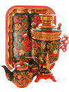 Набор самовар электрический 3 литра с художественной росписью "Хохлома рыжая", "цилиндр", арт. 110245