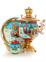 Комбинированный самовар 4,5 литра с художественной росписью "Тройка зимняя" в наборе с подносом и чайником, арт. 300007