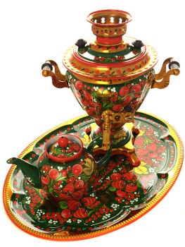 Набор самовар электрический 2 литра с художественной росписью ""Клубника на зеленом фоне (рыжая)", арт. 131401