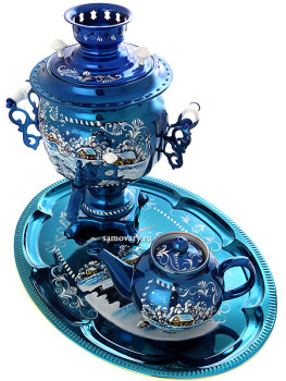 Самовар электрический 3 литра с росписью "Зимний вечер" в наборе с подносом и чайником, арт. 155690