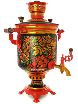 Комбинированный самовар 5 литров с художественной росписью  "Хохлома рыжая" в наборе с подносом и чайником, арт. 310535
