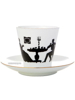 Кофейная чашка с блюдцем форма "Черный кофе", рисунок "Гость", серия "Силуэты", Императорский фарфоровый завод