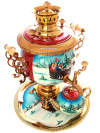 Комбинированный самовар 4,5 литра с художественной росписью "Тройка зимняя" в наборе с подносом и чайником, арт. 300007