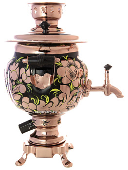 Электрический самовар 3 литра с художественной росписью "Золотые цветы на черном фоне (медь)", арт. 140636