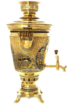 Самовар электрический 4 литра желтый "конус" старинный с ручной гравюрой "Хозяйка медной горы", арт. 144546