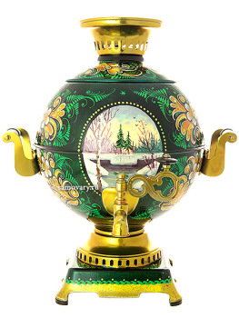 Набор самовар электрический 5 литров "шар" с художественной росписью "Сюжет на зеленом фоне", арт. 151399