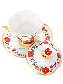 Фарфоровая чашка с крышечкой и блюдцем форма "Подарочная-2", рисунок "Сувенир", Императорский фарфоровый завод