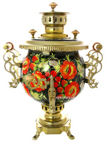 Комбинированный самовар 4,5 литра с художественной росписью "Маки, клубника на черном фоне", арт. 310509