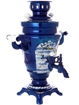 Самовар электрический 1,5 литра с росписью "Зимний вечер" в наборе с подносом и чайником, арт. 130267