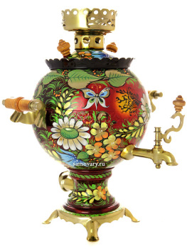Набор самовар электрический 3 литра с художественной росписью "Солнышко на бордовом фоне", форма "шар", арт. 130213