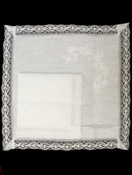 Комплект из скатерти и салфеток белый лен с вышивкой Вологодским кружевом, арт. 0нхп-523