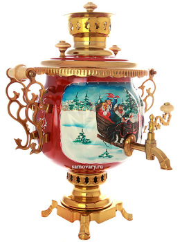 Комбинированный самовар 4,5 литра с художественной росписью "Тройка зимняя" в наборе с подносом и чайником, арт. 300007