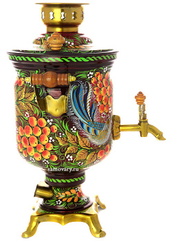 Набор самовар электрический 3 литра с художественной росписью "Птица, рябина на бордовом фоне", арт. 141401