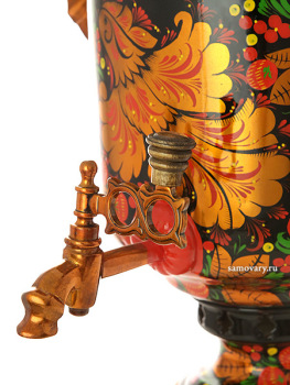Угольный самовар  с художественной росписью 5 литров "цилиндр" "Рыжая хохлома с птицей", арт. 261218