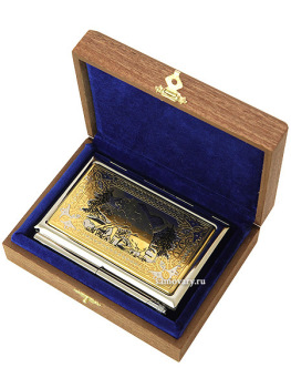 Позолоченная визитница в комплекте с ручкой с гравюрой "Охота" Златоуст