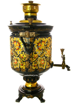 Угольный самовар 5 литров "цилиндр" с художественной росписью "Кудрина золотая на черном фоне", арт. 250726