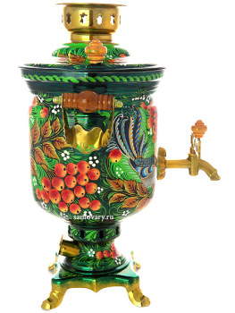 Набор самовар электрический 3 литра с художественной росписью "Птица, рябина на зеленом фоне", арт. 160016