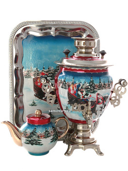 Электрический самовар 3 литра с росписью "Тройка зимняя" с подносом и чайником, арт. 130206