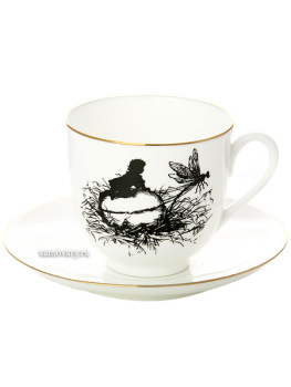Кофейная чашка с блюдцем форма "Ландыш", рисунок "Стрекоза", серия "Силуэты", Императорский фарфоровый завод