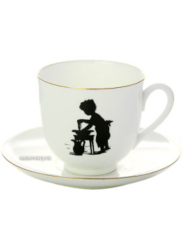 Чашка с блюдцем кофейная форма "Ландыш", рисунок "Умывание", серия "Силуэты", Императорский фарфоровый завод