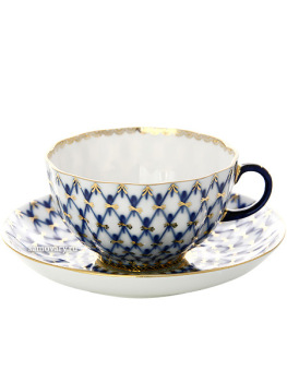 Фарфоровая чайная чашка с блюдцем форма "Тюльпан", рисунок "Кобальтовая сетка", Императорский фарфоровый завод