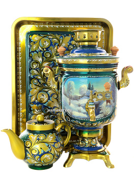 Электрический самовар 3 литра с росписью "Зимушка" с подносом и чайником, арт. 130245