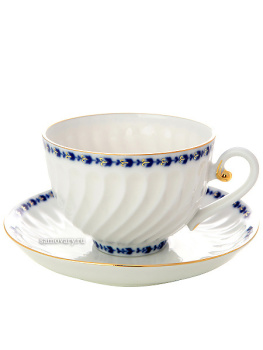 Чашка с блюдцем чайная форма "Витая", рисунок "Кобальтовый фриз", Императорский фарфоровый завод