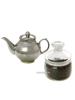 Подарочный набор: чайник заварочный керамический "под серебро" с копорским чаем
