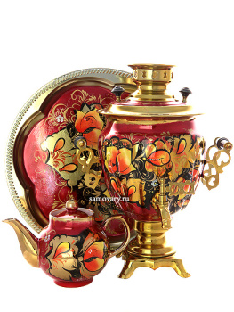 Набор самовар электрический 3 литра с художественной росписью "Золотые цветы на бордовом фоне", арт. 110313