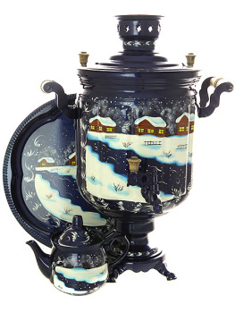 Самовар электрический 10 литров с росписью "Зимний вечер" в наборе с подносом и чайником, арт. 130326
